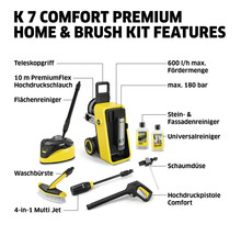 Vysokotlakový čistič Kärcher K 7 Comfort Premium Home s príslušenstvom, ako je teleskopická rukoväť, vysokotlaková hadica, čistič plôch, umývacia kefa, multi jet, čistič kameňa a fasád, univerzálny čistič, penová tryska a...