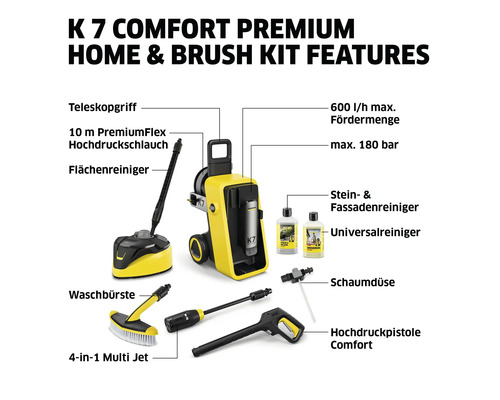 Vysokotlakový čistič Kärcher K 7 Comfort Premium Home s príslušenstvom, ako je teleskopická rukoväť, vysokotlaková hadica, čistič plôch, umývacia kefa, multi jet, čistič kameňa a fasád, univerzálny čistič, penová tryska a...