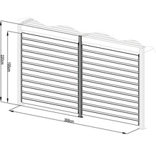 Nákres plota s vodorovnými lamelami, rozmery 220 cm výška a 368 cm dĺžka