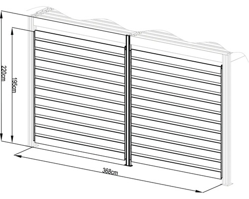 Nákres plota s vodorovnými lamelami, rozmery 220 cm výška a 368 cm dĺžka