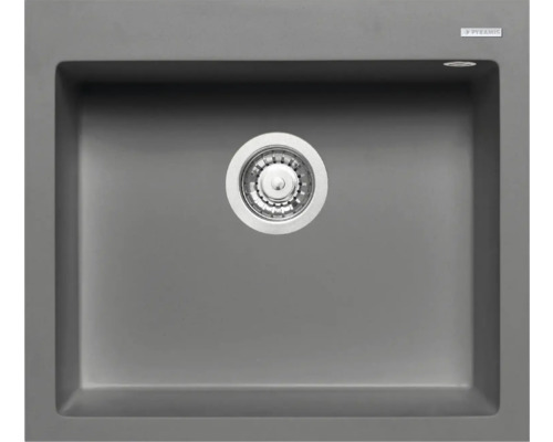 Samostatný sivý kuchynský drez s odtokom a logom Pyramis