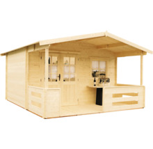 Drevený záhradný domček s krytou verandou a oknami