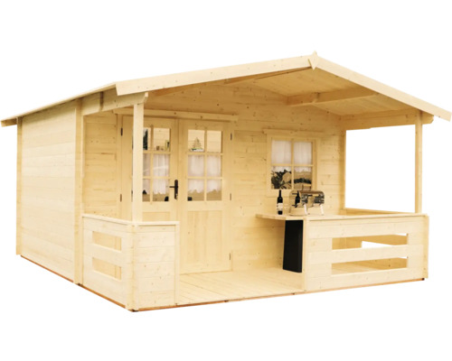 Drevený záhradný domček BPP Broňa A2 prírodný 348 x 501 cm s terasou Drevený záhradný domček s krytou verandou a oknami