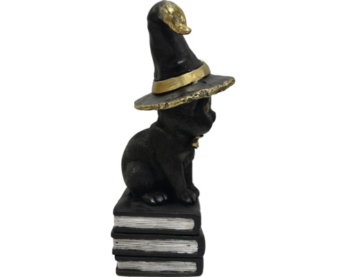Dekoratívna halloweenska figúrka: Čierna mačka s čarodejníckym klobúkom na kope kníh