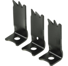 Tri kovové rohové spojky so zubami píly a otvormi