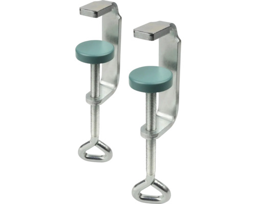 Dve kovové skrutkové zvierky s okrúhlymi prítlačnými taniermi a kruhovými rukoväťami.