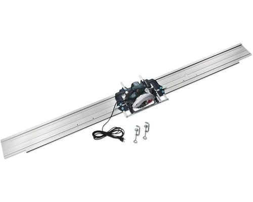 Ručná okružná píla na kovovej vodiacej lište s dvomi zvierkami a pripájacím káblom.