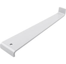 Robustný kovový nosník police so závesným hákom a montážnym otvorom.