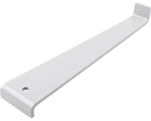 Robustný kovový nosník police so závesným hákom a montážnym otvorom.