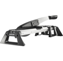 Rezačka laminátu Wolfcraft z kovu a plastu v striebornej a čiernej farbe s rukoväťou a stabilným rámom.