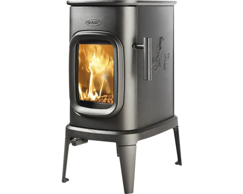 Kachle z liatiny s horiacim drevom a logom Dovre