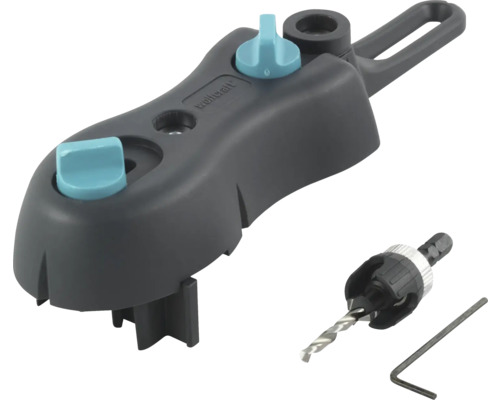 Sada Wolfcraft Undercover Jig obsahujúca vŕtaciu šablónu, stupňovitý vrták s hĺbkovým dorazom a imbusový kľúč pre skryté skrutkové spoje.