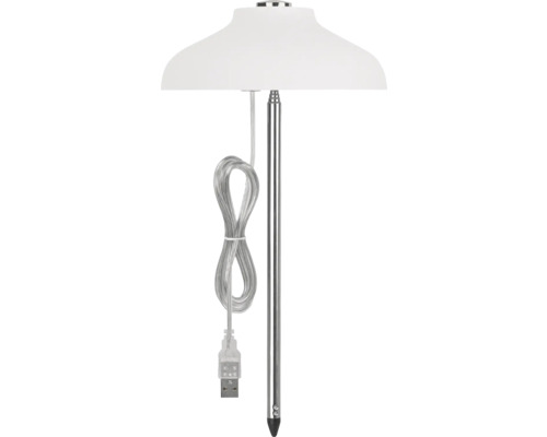 Biela stojaca lampa s USB káblom a strieborným stojanom