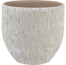 Okrúhly kvetináč z keramiky so štruktúrovaným, hrubým povrchom.