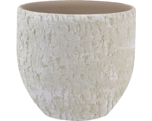 Okrúhly kvetináč z keramiky so štruktúrovaným, hrubým povrchom.
