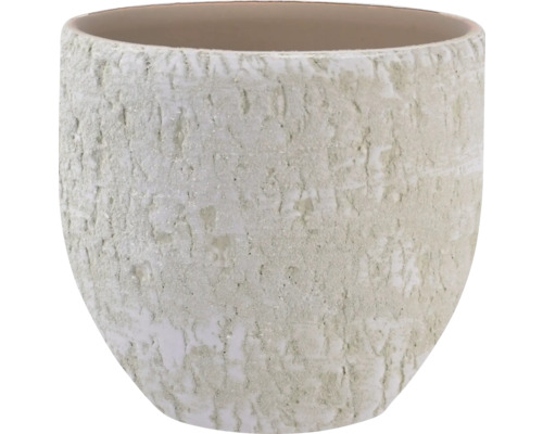Okrúhly keramický obal na kvetináč so štruktúrovaným povrchom vo vzhľade kameňa.