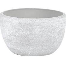 Biely okrúhly kvetináč so štruktúrovaným hrubým povrchom v miskovitom tvare.