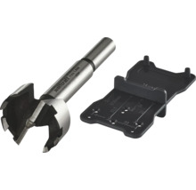 Forstnerov vrták Wolfcraft s priemerom 35 milimetrov a čierna značkovacia šablóna na miskové závesy.