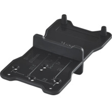 Čierna plastová vŕtacia šablóna a značkovacia pomôcka na montáž nábytku s milimetrovými rozmermi.