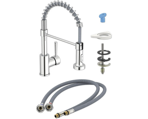 Kuchynská batéria so sprchovou hadicou a montážnym príslušenstvom