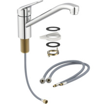 Kuchynská batéria s montážnym príslušenstvom a flexibilnými pripojovacími hadicami