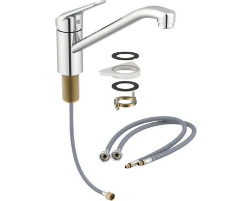 Kuchynská batéria s montážnym príslušenstvom a flexibilnými pripojovacími hadicami