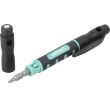 Čierno-tyrkysový skrutkovač Wolfcraft v tvare pera s bitom a samostatným krytom, vrátane vreckového klipu a ergonomickej rukoväte.
