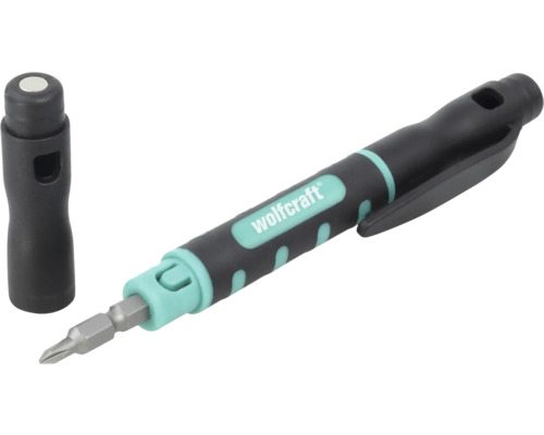 Čierno-tyrkysový skrutkovač Wolfcraft v tvare pera s bitom a samostatným krytom, vrátane vreckového klipu a ergonomickej rukoväte.