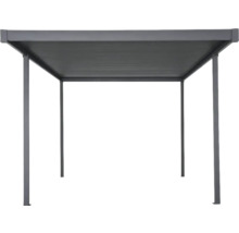 Kovový altánok s obdĺžnikovou strechou a štyrmi podpernými stĺpikmi.