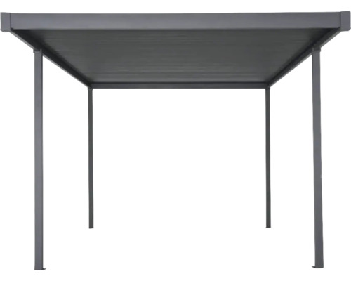 Kovový altánok s obdĺžnikovou strechou a štyrmi podpernými stĺpikmi.