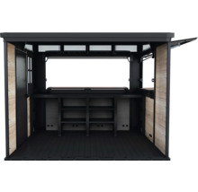 Otvorený záhradný bar s policami a bočnými dverami