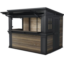 Predajný stánok s dreveným obkladom a výklopným oknom