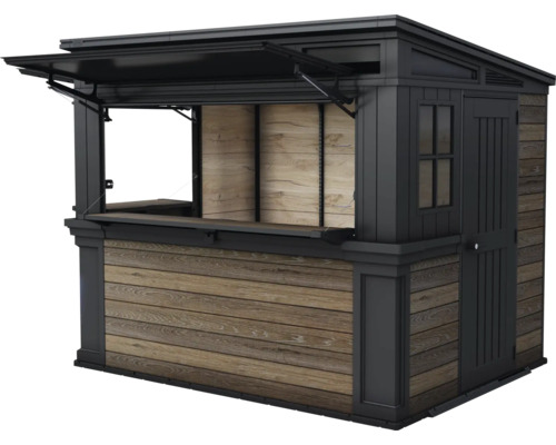 Predajný stánok s dreveným obkladom a výklopným oknom