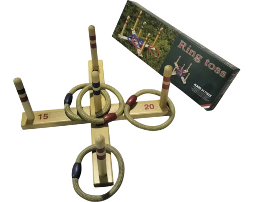 Hra s hádzaním kruhov s dreveným krížom, tyčami, kruhmi a balením hry