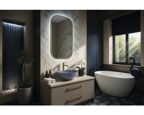 Moderná kúpeľňa s umývadlom, zrkadlom, vaňou a dekoráciou