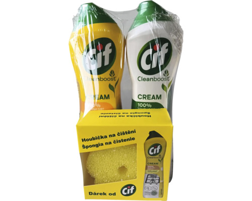 Sada CIF LEMON 500ML a BIELÝ 500ML a HUBIČKA Cif Cream čistiaci prostriedok Dvojité balenie s čistiacou špongiou