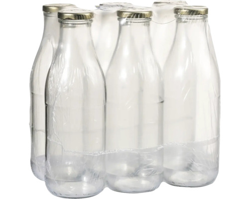 Šesť prázdnych sklenených fliaš s uzáverom zabalených vo fólii