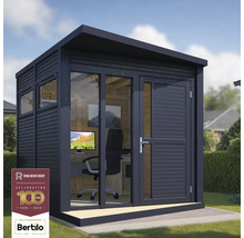 Čierna záhradná kancelária s oknami, dverami a vybavením na trávniku