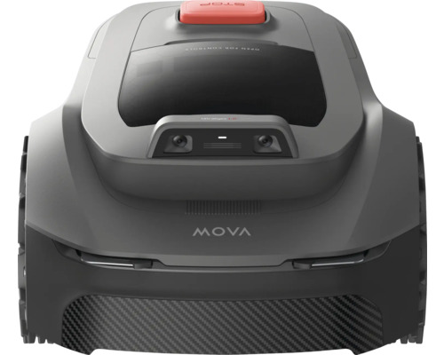 Robotická kosačka s červeným tlačidlom stop