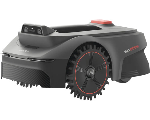 Robotická kosačka s červeným tlačidlom a logom 'Mova'