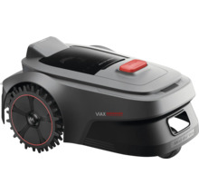 Sivá robotická kosačka s červeným tlačidlom stop