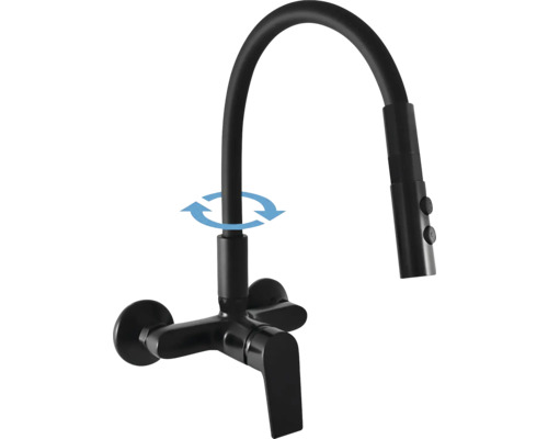 Čierna kuchynská batéria s flexibilným výtokom a indikátorom rozsahu otáčania