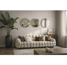 Obývacia izba s čalúnenou pohovkou, ozdobnými vankúšmi, izbovou rastlinou v kvetináči a tromi okrúhlymi zrkadlami na stene.