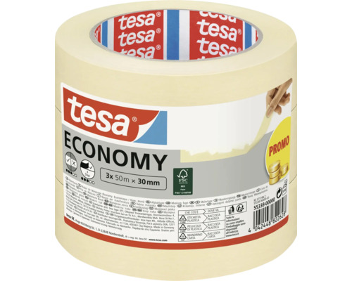 Tesa Economy maliarska krepová páska 3 rolky po 50 metrov krát 30 milimetrov