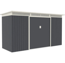 Kovový záhradný domček v sivej farbe s pultovou strechou, vetracími mriežkami a posuvnými dverami.