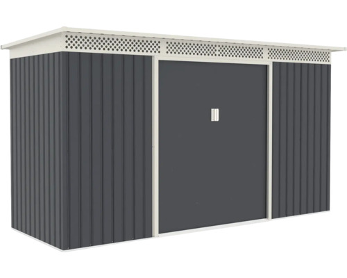 Kovový záhradný domček v sivej farbe s pultovou strechou, vetracími mriežkami a posuvnými dverami.
