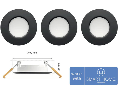 Tri LED vstavané svietidlá s priemerom 90 mm a logo Smart Home by Hornbach