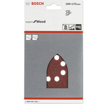 Logo Bosch. Šesť brúsnych papierov na drevo, približne 100x170 milimetrov.