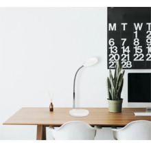 Písací stôl so stolnou lampou, rastlinou a kalendárom