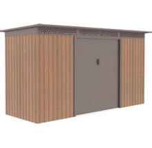 Moderný záhradný domček v drevenom dekore s plochou strechou, posuvnými dverami a vetracími otvormi pod okrajom strechy.